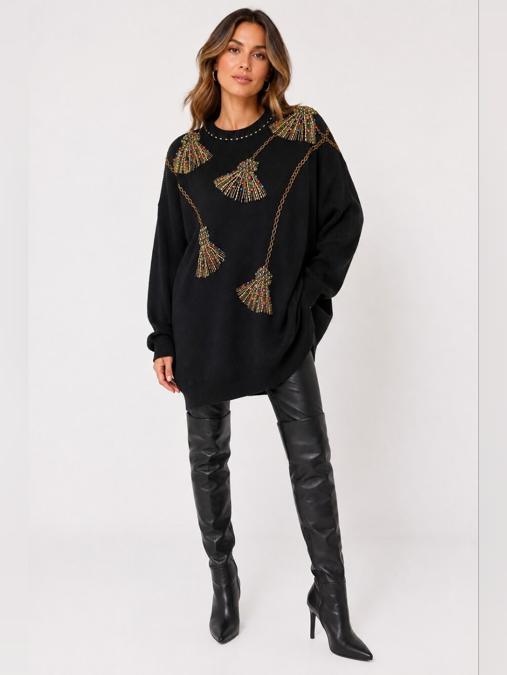 VICTORIA WOMAN Vintage Black Tassel Chain Embellish Beaded Jewled Sweater Sz 3X